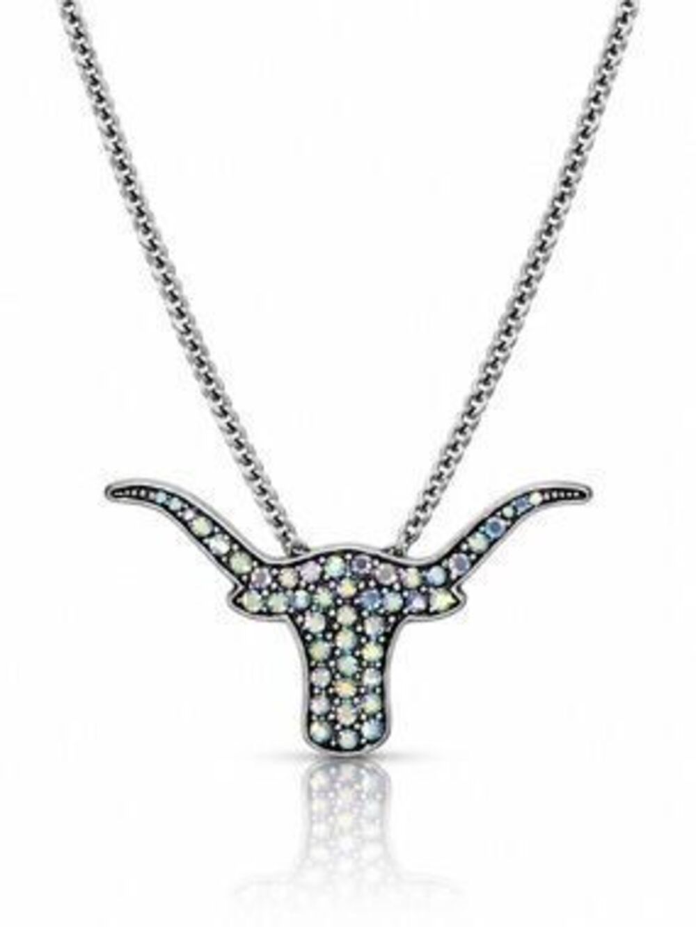 Crystal Longhorn Pendant Necklace - Silver with Iridescent Stones